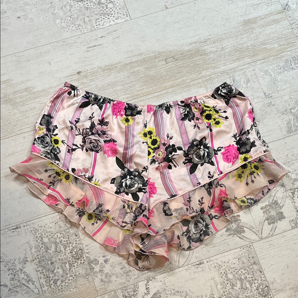 Victoria's Secret Pink and Black Floral Satin Striped Shorts Size Large
